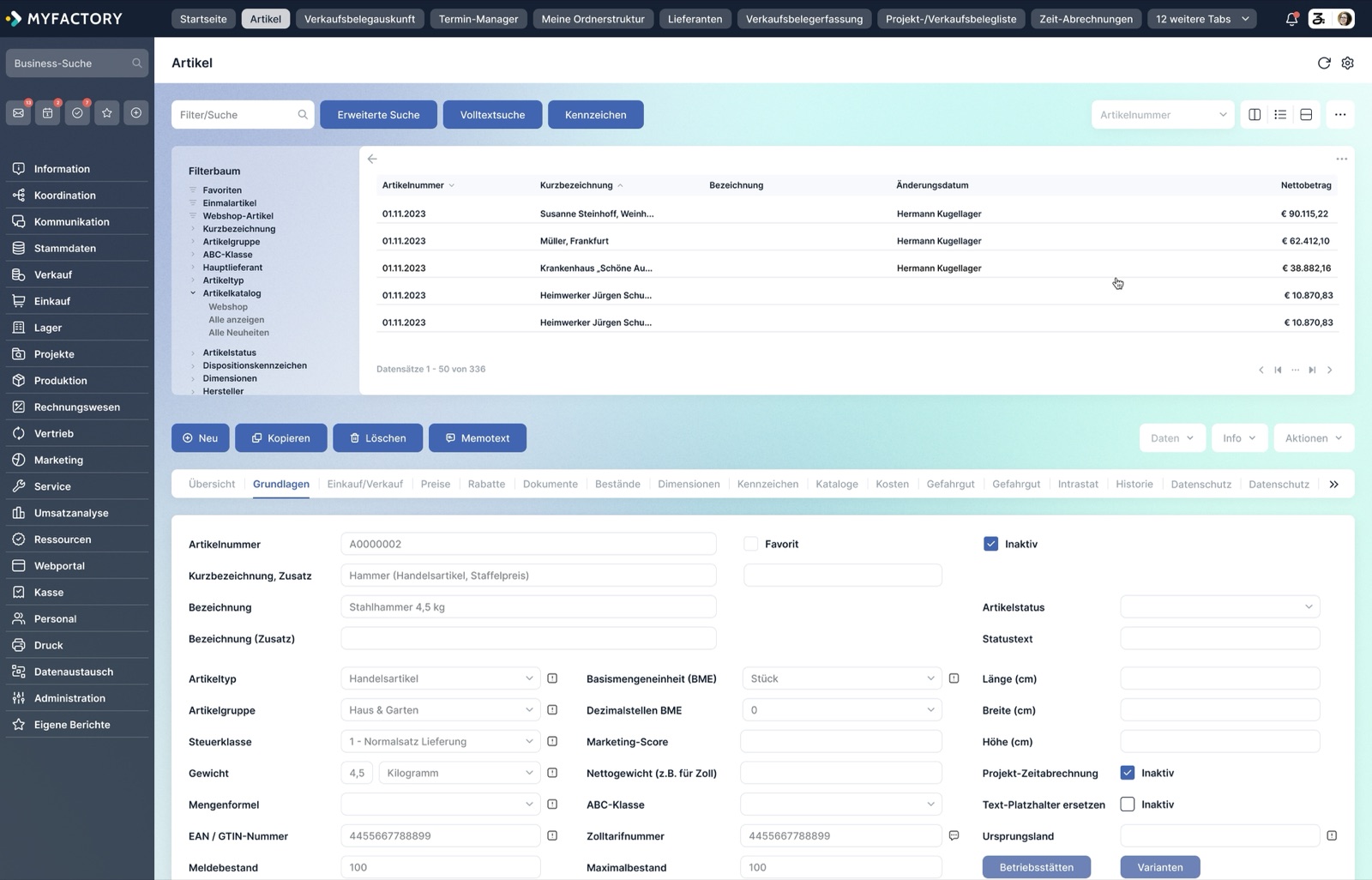Article screen in Myfactory with filter tree, result list and the basic data of an article such as article number, description, article group, weight, EAN number and reorder level
