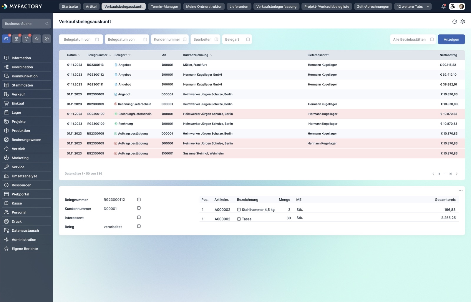 Sales document enquiry in Myfactory: quotation, order confirmation, delivery note and invoice listed under the same document number, with the line items of the selected document below